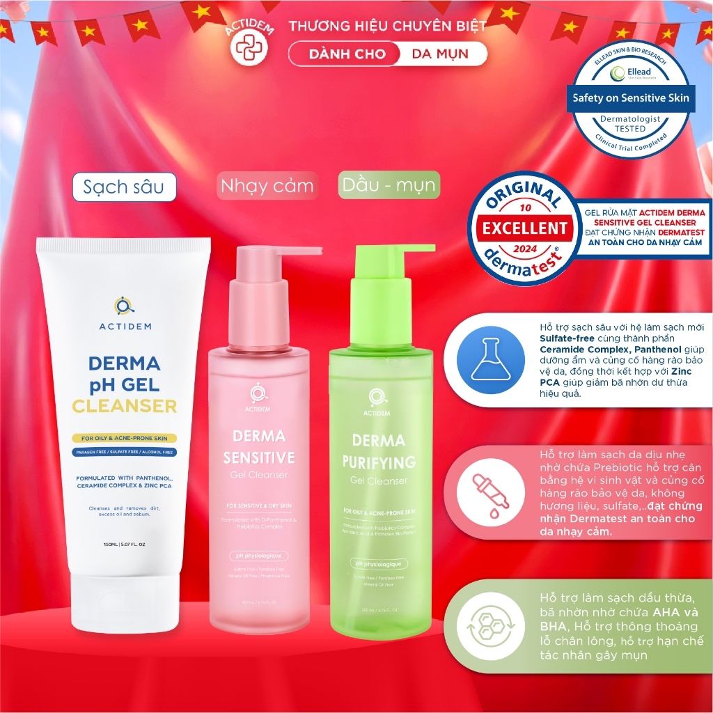 Gel rửa mặt cho da dầu, nhạy cảm, da hỗn hợp Actidem Derma pH/Sensitive/Purifying Gel Cleanser 30/15