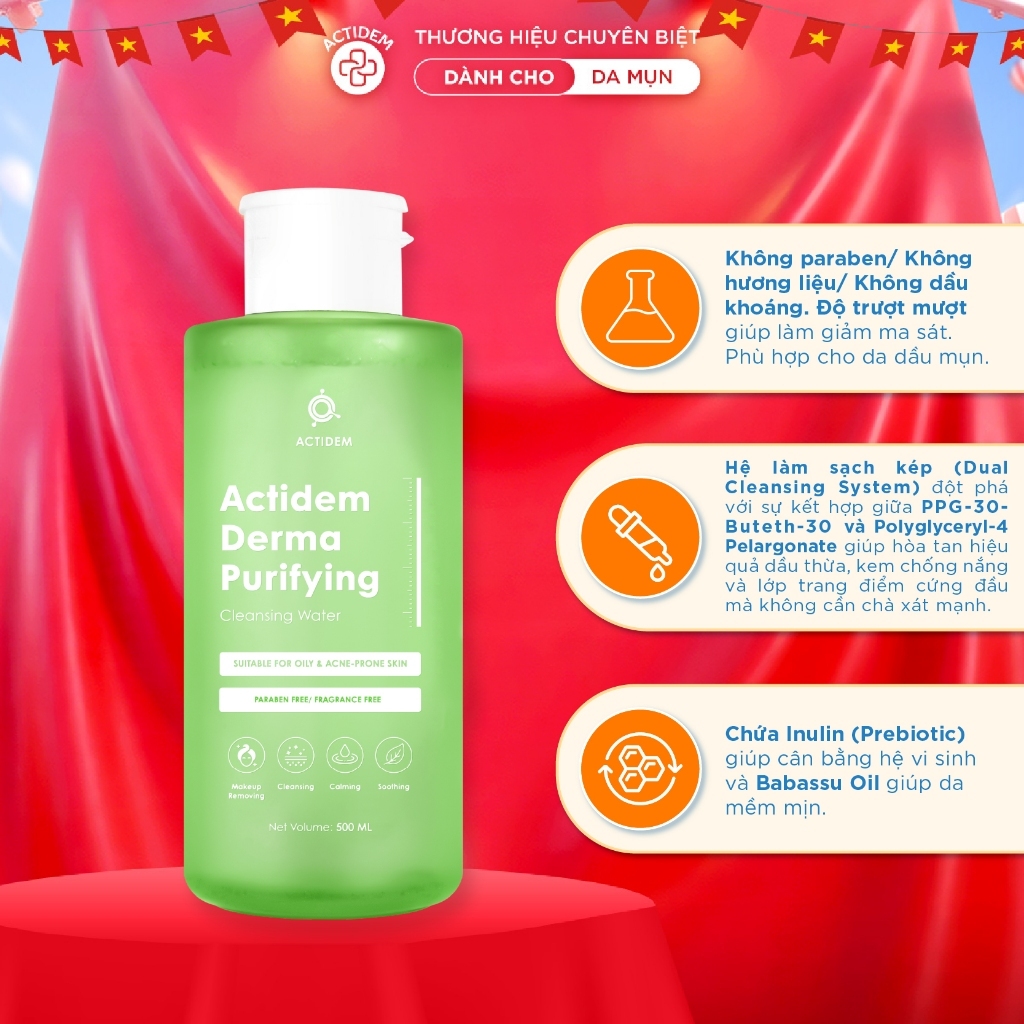 NƯỚC TẨY TRANG DÀNH CHO DA DẦU MỤN ACTIDEM DERMA PURIFYING CLEANSING WATER 500ML