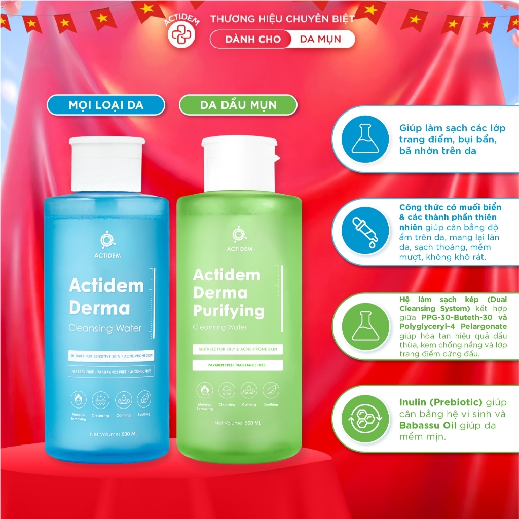 Tẩy trang Actidem Derma Cleansing Water/ Purifying Cleansing Water cho da mụn, dầu mụn 500ml
