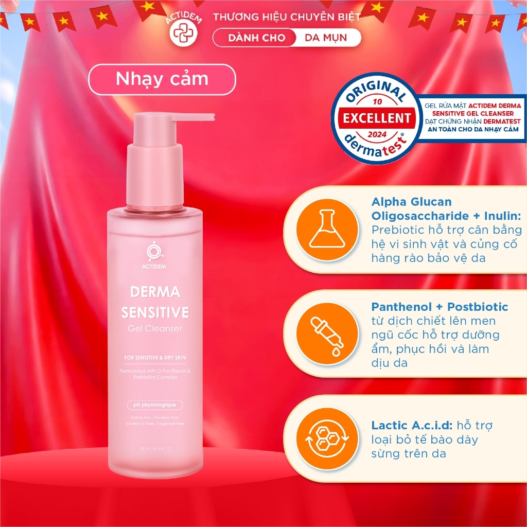 Gel rửa mặt dành cho da khô, nhạy cảm Actidem Derma Sensitive Gel Cleanser 200ml