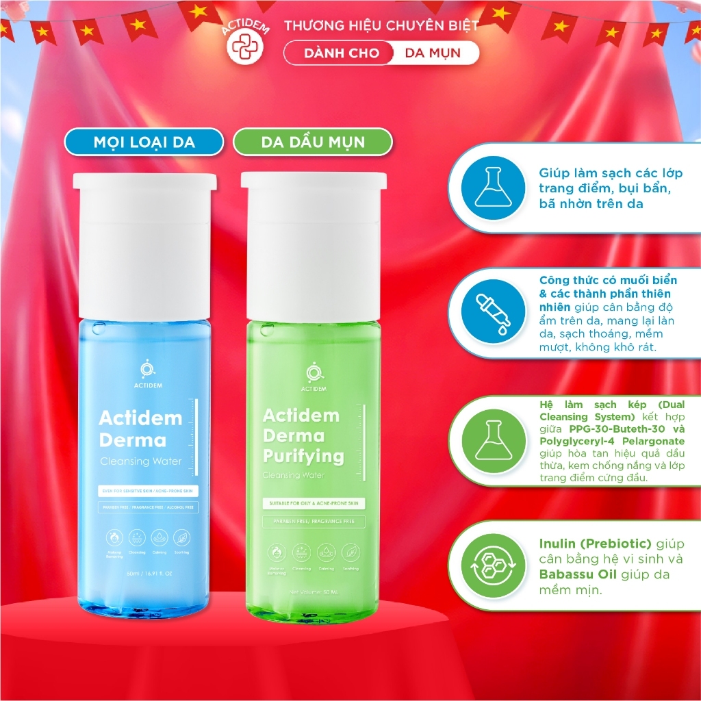 Tẩy trang Actidem Derma Cleansing Water cho da mụn, nhạy cảm 50ml
