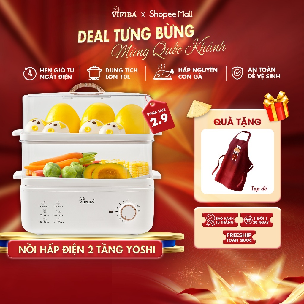 Nồi Hấp Điện 2 Tầng VIFIBA CHÍNH HÃNG - Hấp Hẹn Giờ, Dung Tích 10L, Hấp Gà Nguyên Con