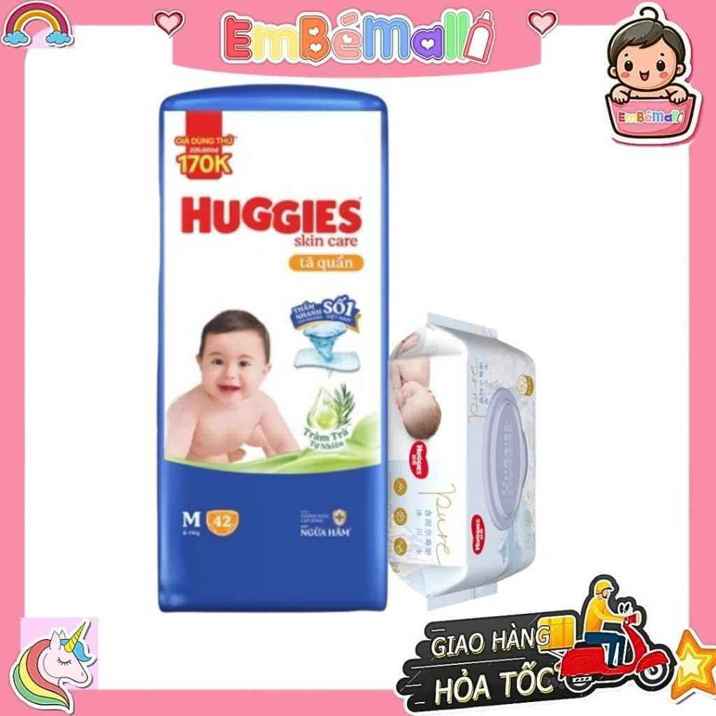 Tã quần Huggies Skin Care M42 tràm trà (kèm khăn ướt Huggies 80m)