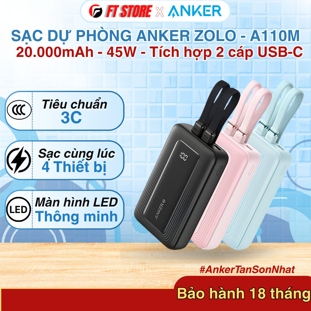 Sạc Dự Phòng Anker Zolo A110M 20000mAh 45W Tích Hợp 2 Cáp Type C Màn Hình LED