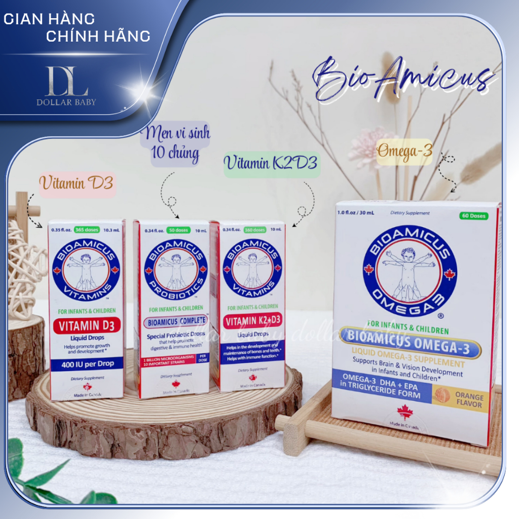 Bộ Ba Bioamicus - Men 10 Chủng, Vitamin D3K2, Dha Omega-3 Hỗ Trợ Toàn Diện Cho Bé Chính Hãng Canada.