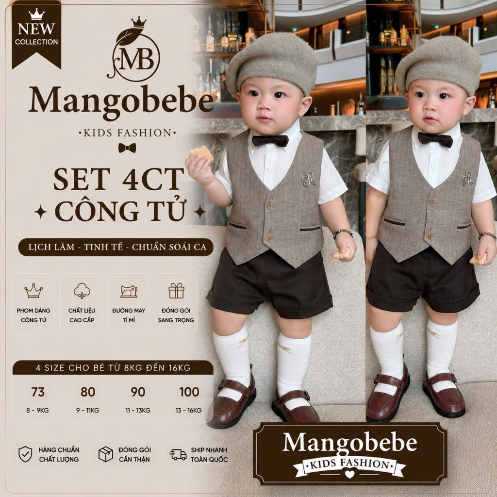 MANGOBEBE - Set thiết kế công tử cao cấp 5CT beo tone nâu lịch lãm cho bé yêu dư tiệc thôi nôi
