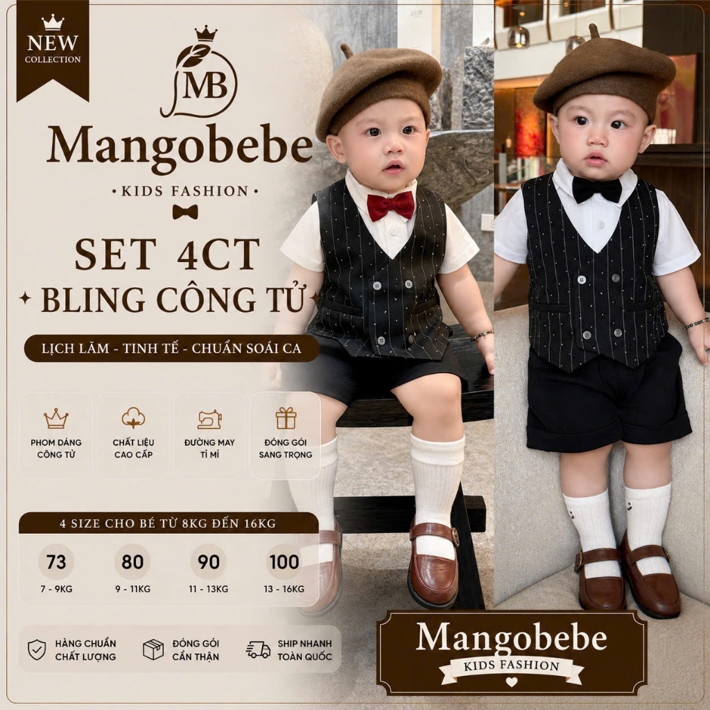 MANGOBEBE- Set công tử 5CT đen kẻ nơ  kèm tag cài cho bé trai dự tiệc thôi nôi cực sịn sò