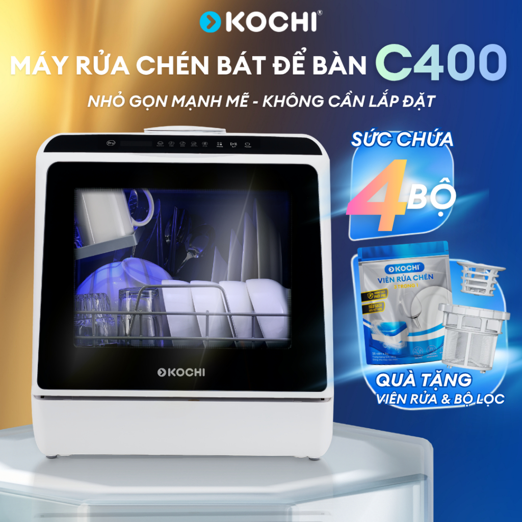 Máy rửa chén bát để bàn KOCHI C400 - sức chứa 4 bộ - Không lắp đặt - Rửa nước nóng áp suất cao -Sấy 