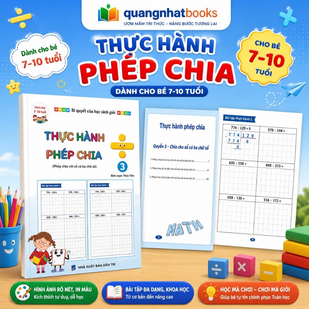 Sách  - Bài Tập Thực Hành Phép Chia 3 - Dành Cho Bé Từ 7-10 Tuổi