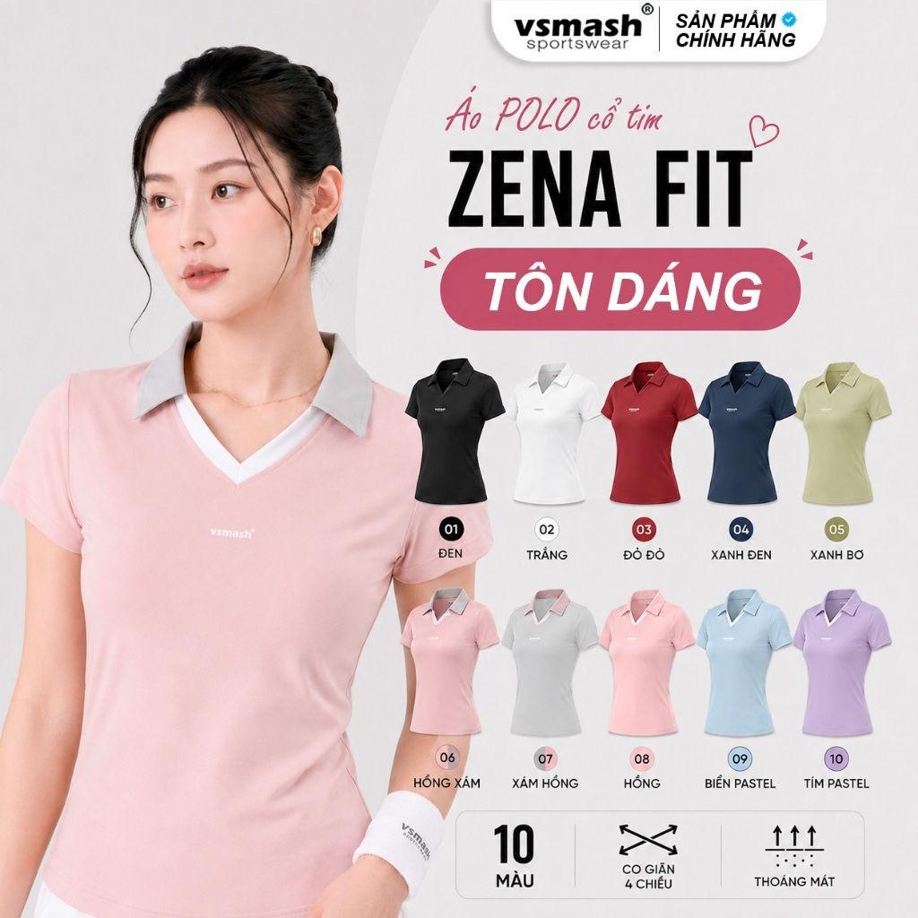 Áo Thun Thể Thao Cổ Polo ZENA Tee Vsmash Sportswear – Co Giãn Nhẹ Mát Gym Chạy Bộ Cầu Lông Yoga Tenn