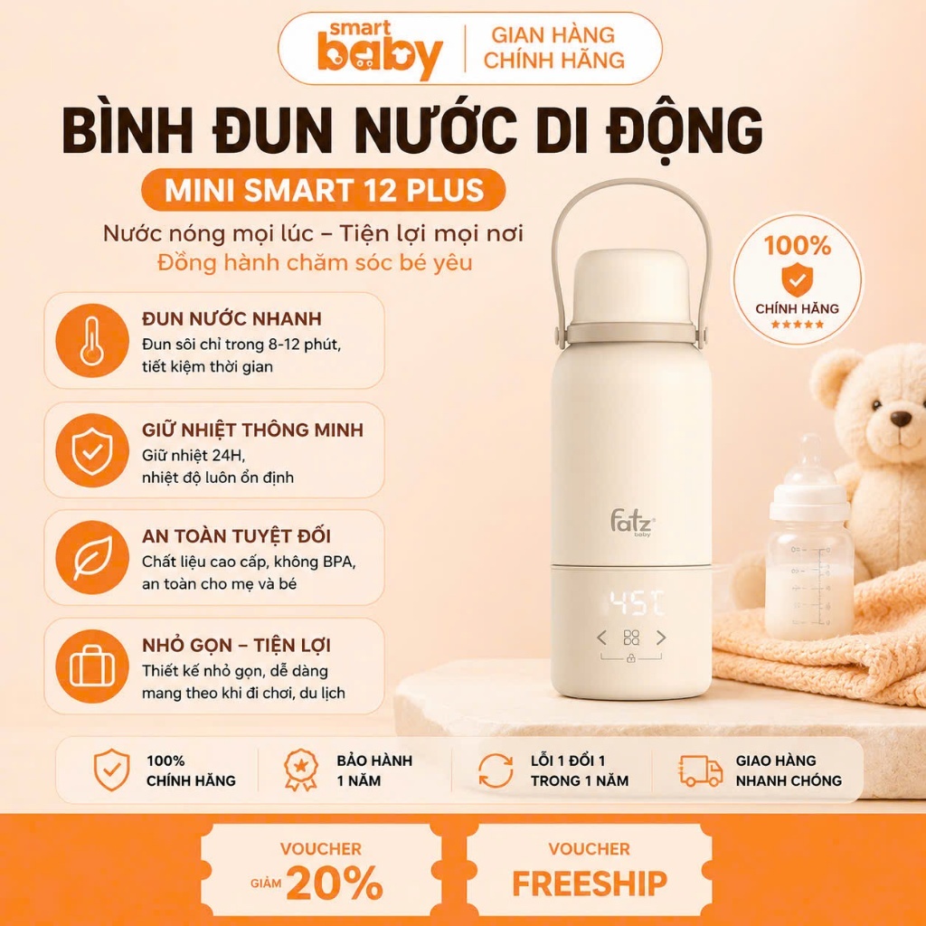 Bình đun và hâm nước pha sữa di động Mini Smart 12 Plus FB3632FD Fatz Baby