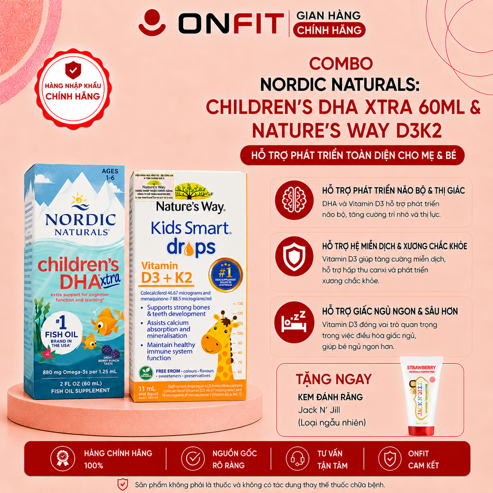 Combo "Cao Lớn & Tinh Anh" Cho Bé từ 1 Tuổi Nordic DHA Xtra + Nature's Way D3K2 Chính Hãng