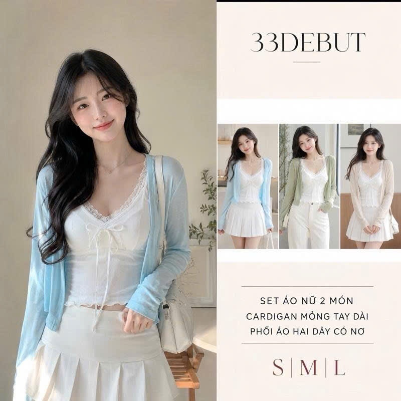 Cardigan Mỏng Tay Dài Phối Áo Hai Dây Viền Ren Có Nơ, Kiểu Dáng Ôm Body - P08