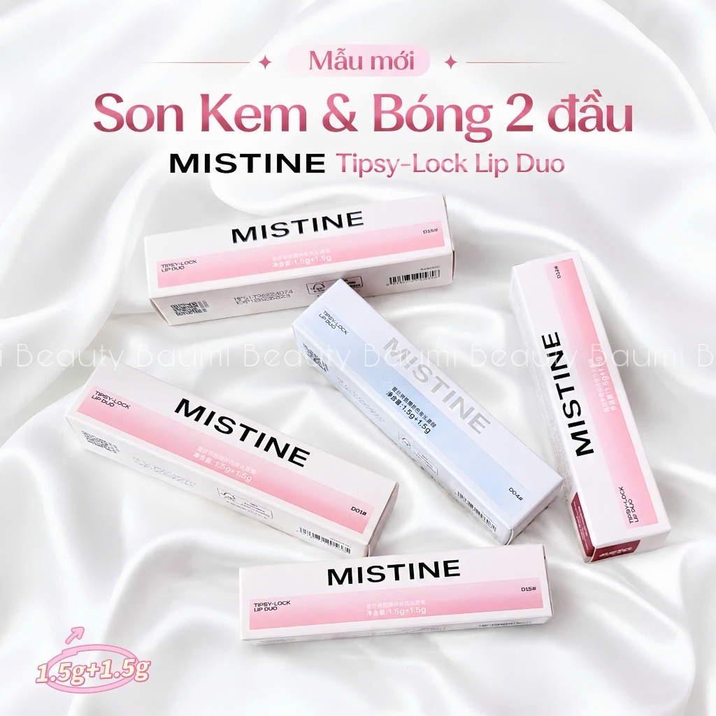 ( Mẫu mới )  Son 2 đầu kem lì và bóng Mistine Tipsy-Lock Lip Duo 3g - Thái Lan