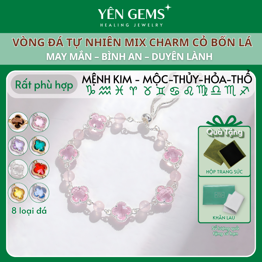 Vòng Tay Đá Tự Nhiên Mix Charm Cỏ 4 Lá May Mắn Bình An Duyên Lành – 12 Cung Hoàng Đạo Yên Gems VT16
