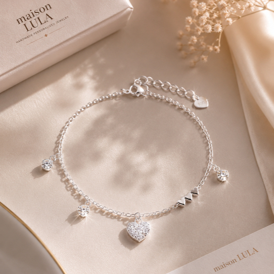 Lắc Tay Bạc Nữ 925 Charm Trái Tim Đính Đá Swarovski, Vòng Tay Bạc Nữ Tính Xinh Xắn tặng kèm hộp quà Maison Lula B2
