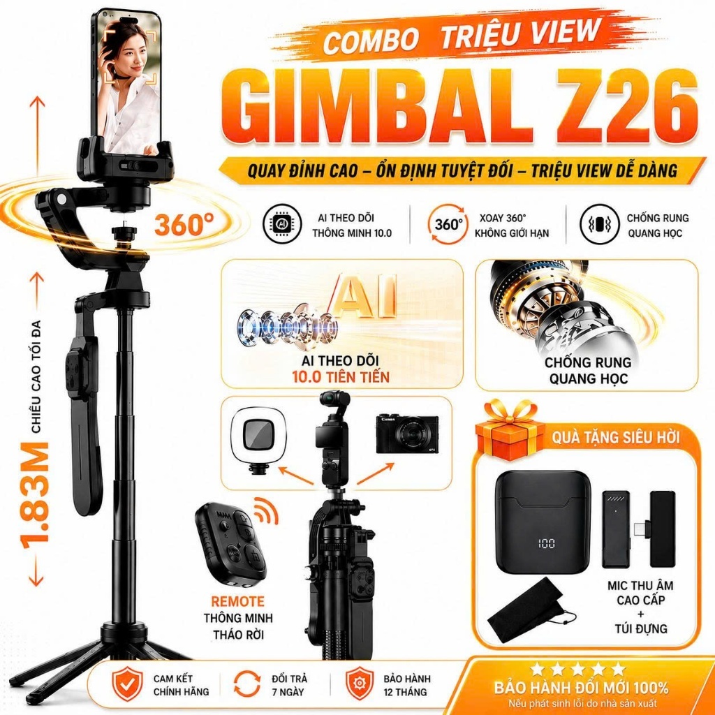 Gimbal Z26 - Gymbal điện thoại quay phim chống rung hỗ trợ quay phim, chụp ảnh chuyên nghiệp xoay 36