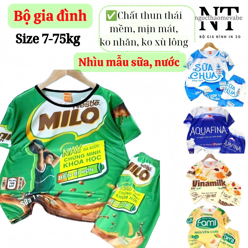 Đồ Bộ Thun mẫu SỮA cho Mẹ Và Bé In 3D 2 Mặt 7-75kg - Mềm Mịn Mát, Không Nhăn/Xù Lông/Bay Màu, Nhiều Mẫu