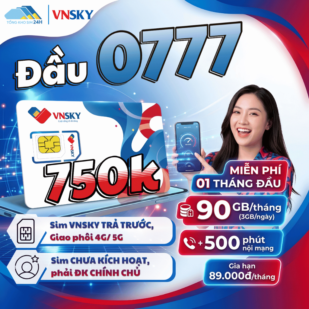 Sim Số Đẹp VNSKY Sóng Mobi Đầu 0777, ABAB đuôi 750k Tặng 3GB/ Ngày [Phải ĐKCC mới dùng được]