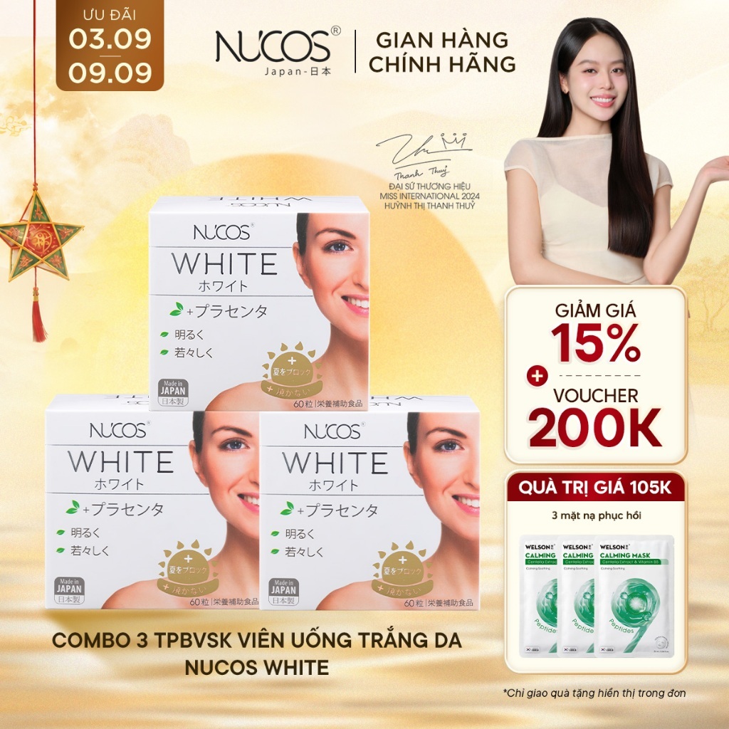 [3 Hộp] TPBVSK Viên Uống Trắng Da Nucos White Hỗ Trợ Mờ Thâm Nám Sáng Da Chống Nắng [3 Hộpx60 viên]
