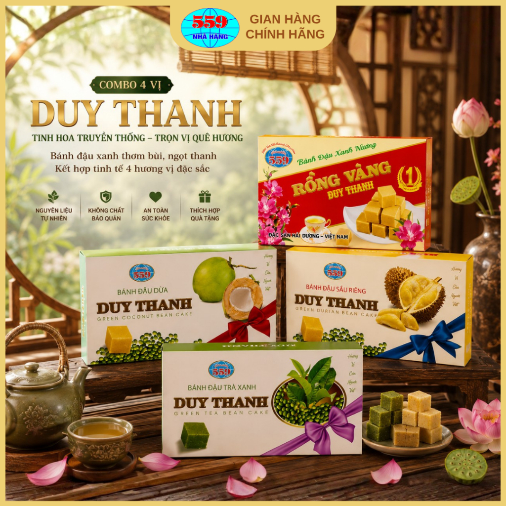 Bánh Đậu Xanh Các Vị Đặc Sản Hải Dương 559 - Vị Truyền Thống + Trà Xanh + Dừa + Sầu Riêng