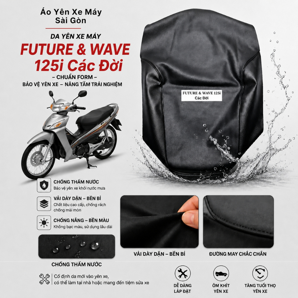 Da bọc yên, áo yên xe máy FUTURE 125i, WAVE 125i đời 2018-2025 [BẤM KIM]