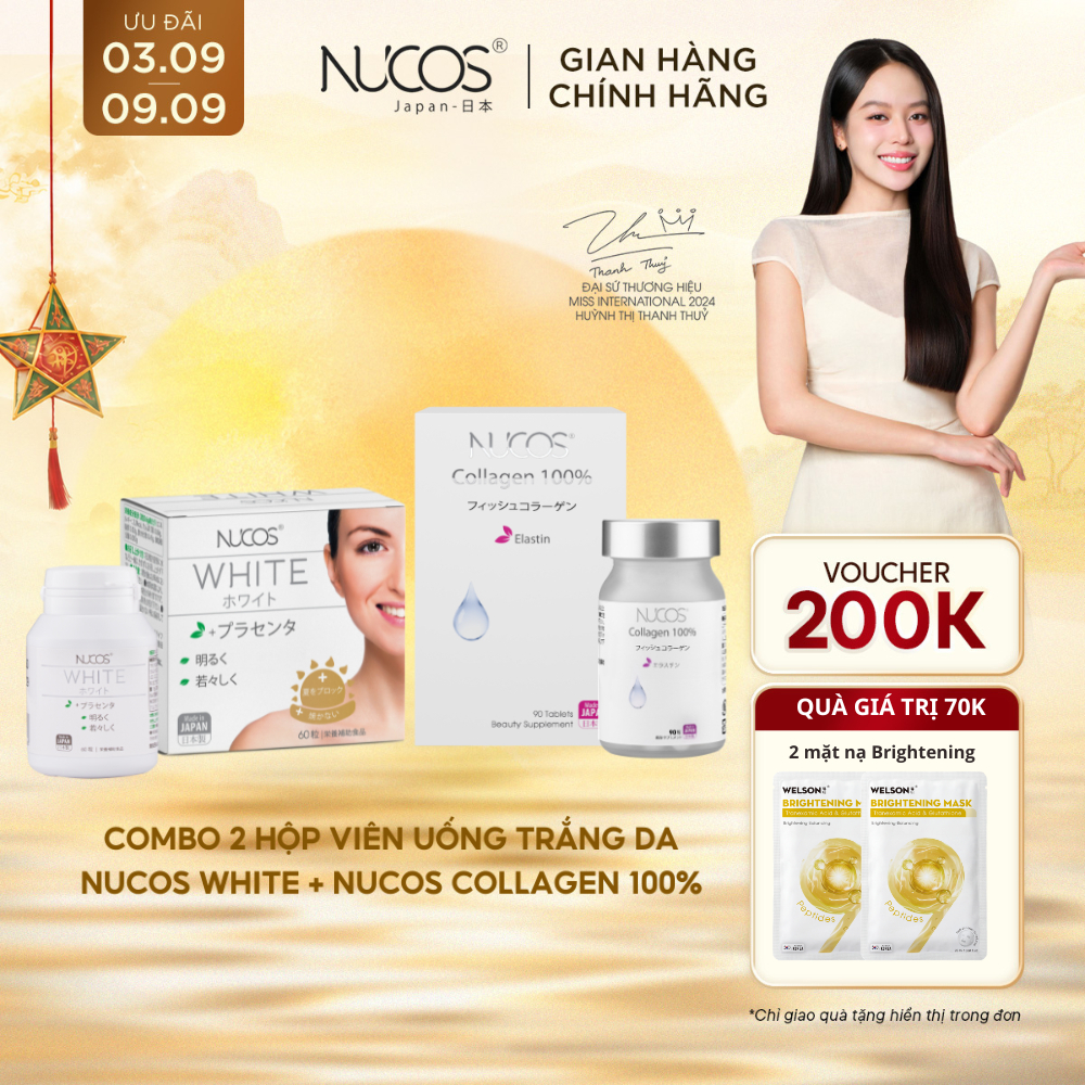 TPBVSK Combo Trắng Da Chống Lão Hoá Viên Uống Nucos White Hộp 60Viên, Nucos Collagen 100% Hộp 90Viên