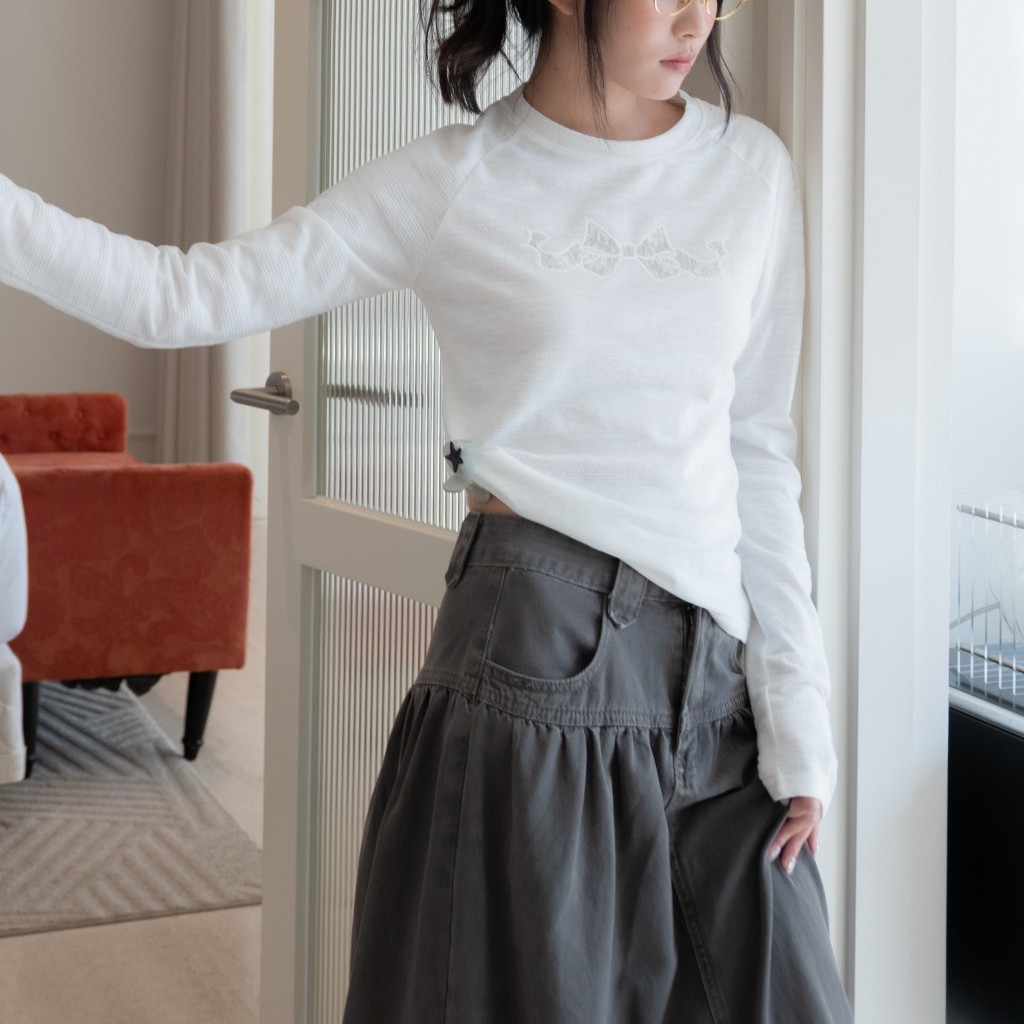 Áo Thun Nữ LENCLOTHING A2321-00 - Áo Thun Tay Dài Raplan Nơ Trắng