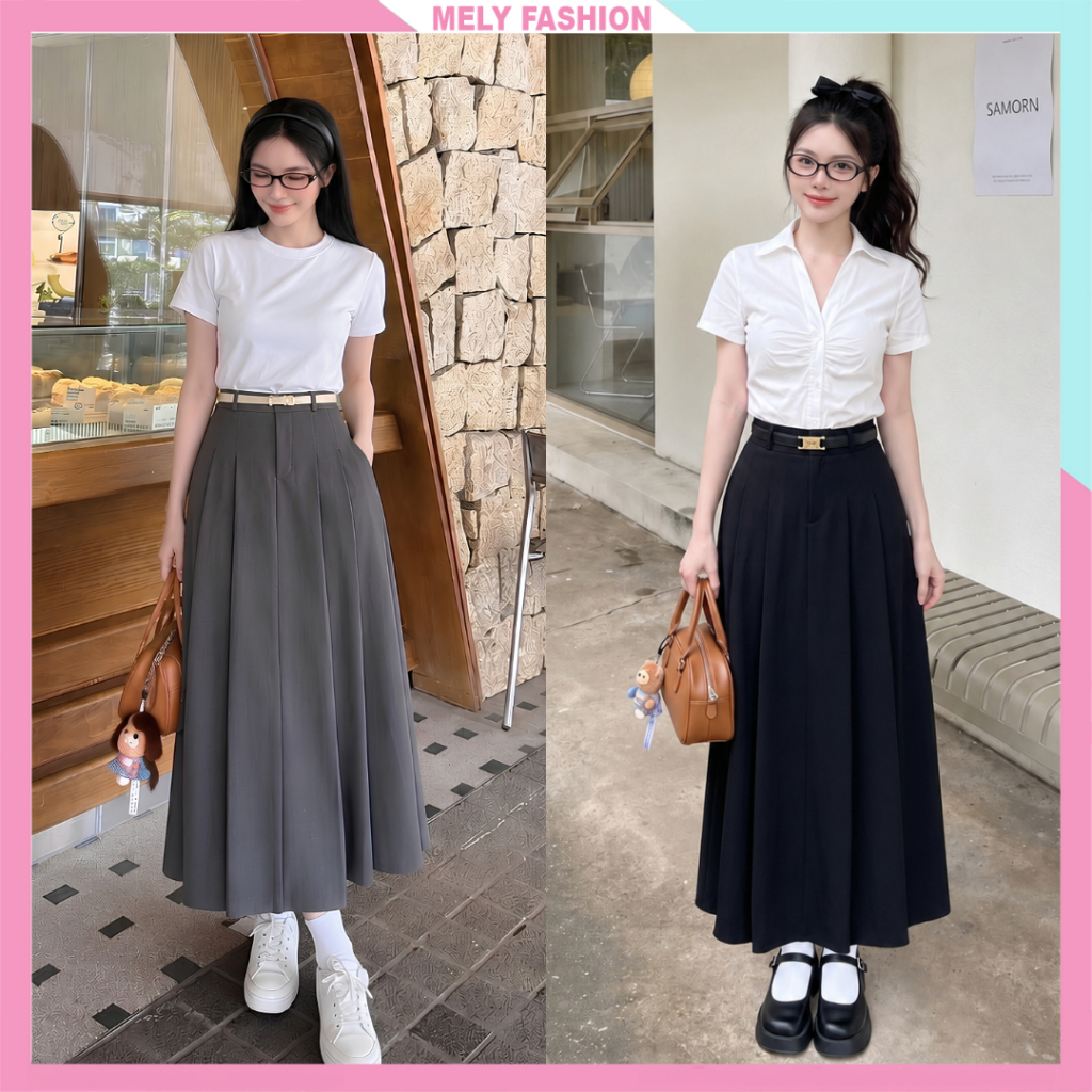 Chân váy xếp ly Mely Fashion dáng dài 90cm xòe chữ A có túi cạp cao chiết eo tôn dáng che bụng dễ mặ