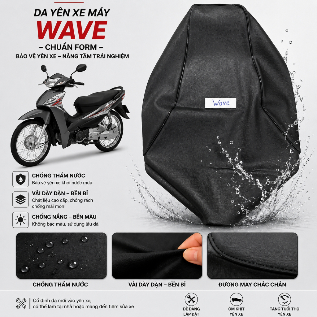 Da bọc yên, áo yên xe máy Wave các loại [BẤM KIM]