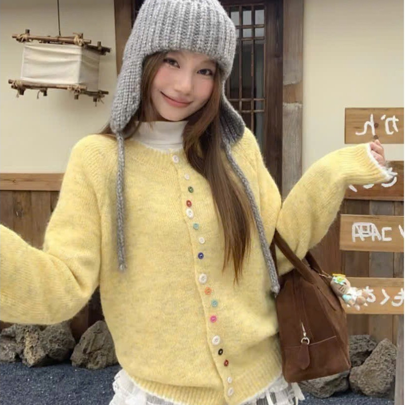 Áo Cadigan Lông Thỏ , Áo Khoác Len Qc Cổ Tròn Cài Khuy 7 Màu Phối Viền Màu Pastel Hàn Quốc Mmcloset 
