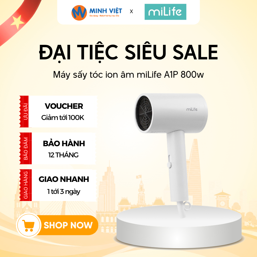 Máy Sấy Tóc Ion Âm MiLife A1P 800W - Công Nghệ Ánh Sáng Xanh Bảo Vệ Tóc - BH 12 Tháng - Minh Việt