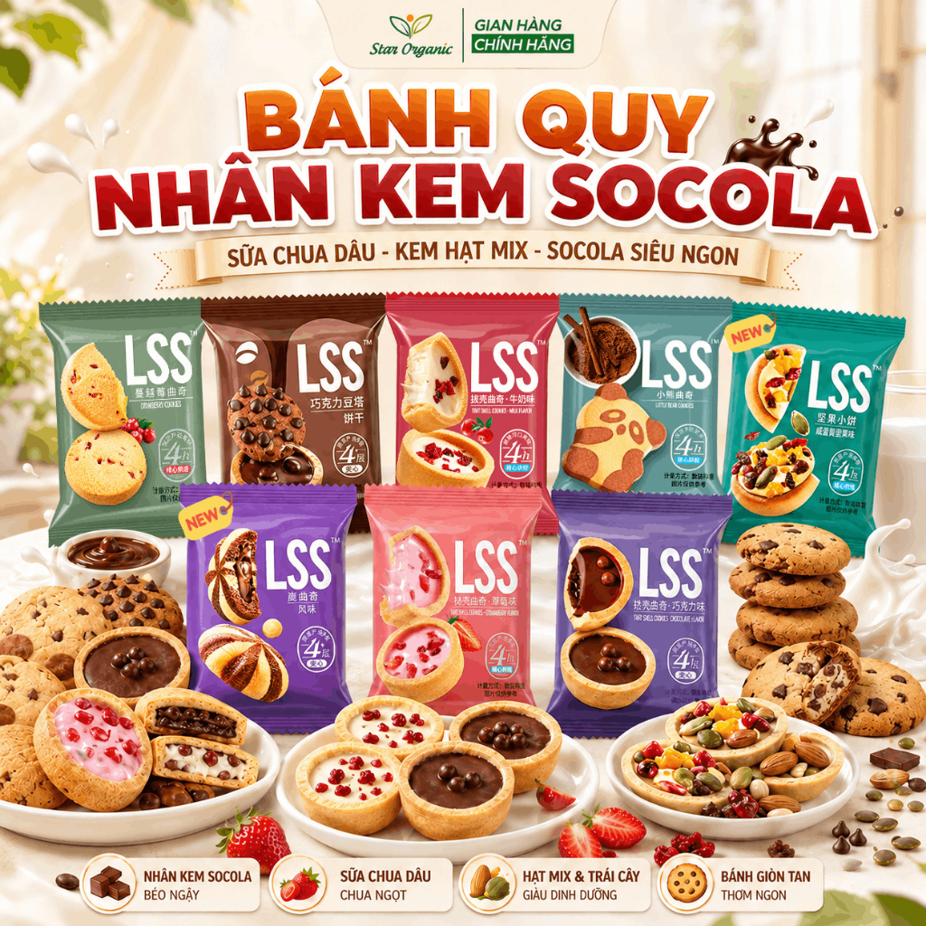 Bánh Quy Bơ Sữa Nhân Kem Socola Chip LSS Mix Vị - Bánh Quy LSS Thơm Ngon