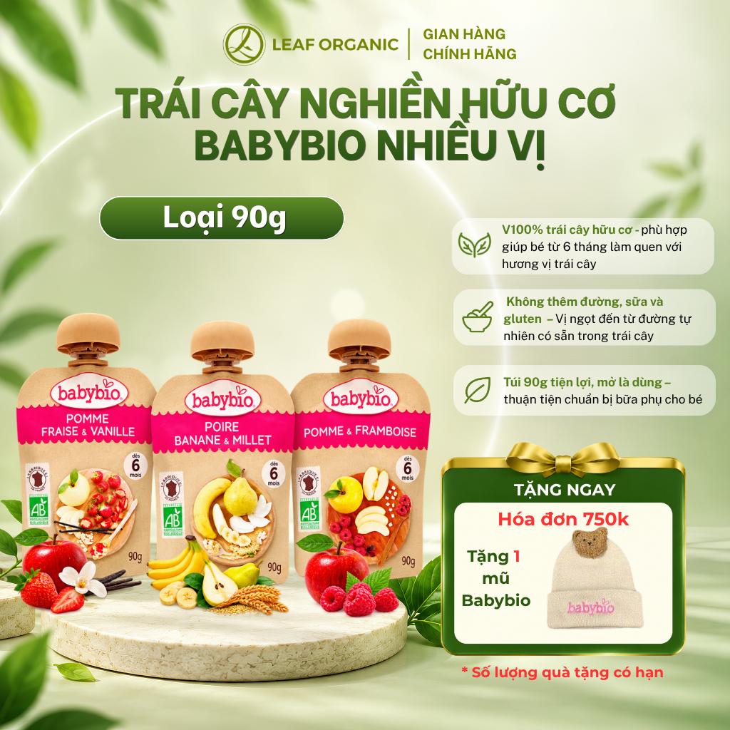 Trái cây nghiền hữu cơ Babybio ăn liền các vị cho bé từ 6 tháng tuổi, gói 90g tiện lợi