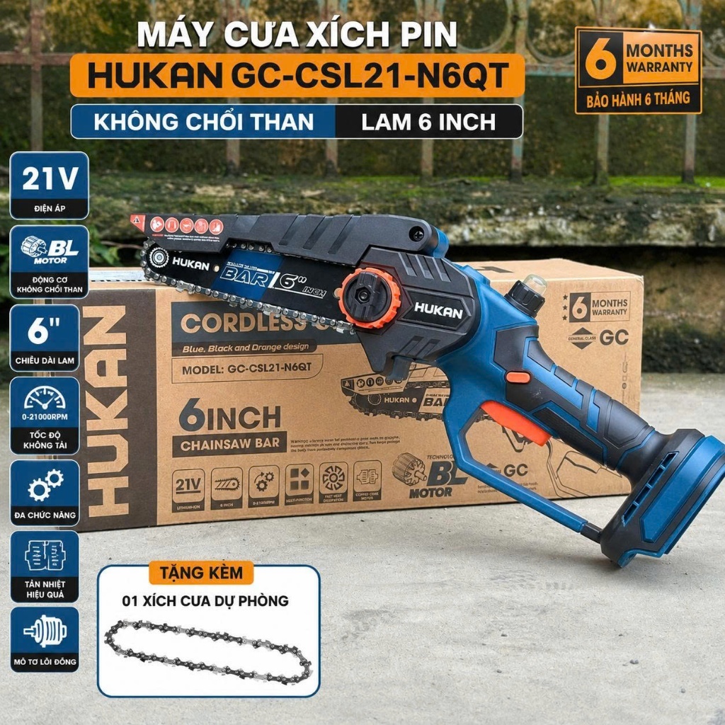Máy Cưa Xích 6 Inch Hukan GC-CSL21-N6QT Không Chổi Than 21V Lam 6 Inch Bảo Hành 6 Tháng Hukan Việt N
