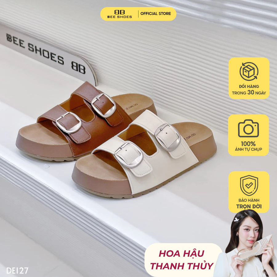 Dép nữ BEESHOES 2 quai ngang, mũi tròn đế bằng cao 3 phân sẵn màu nâu - kem DE127 (Form 1.5)