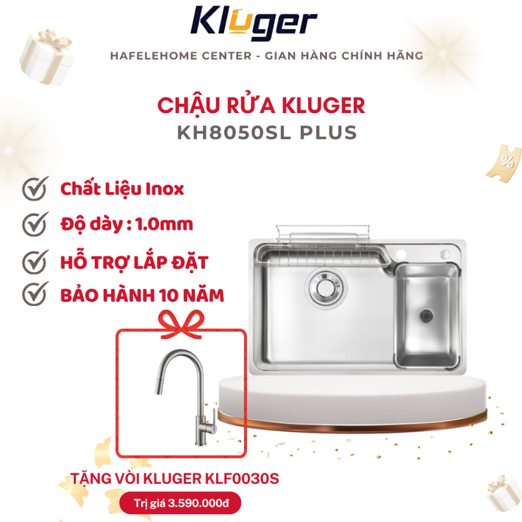 [TẶNG VÒI] Chậu rửa bát Kluger KH8050SL Plus - Chống Xước, Chống Ồn, Thoát Nước Nhanh
