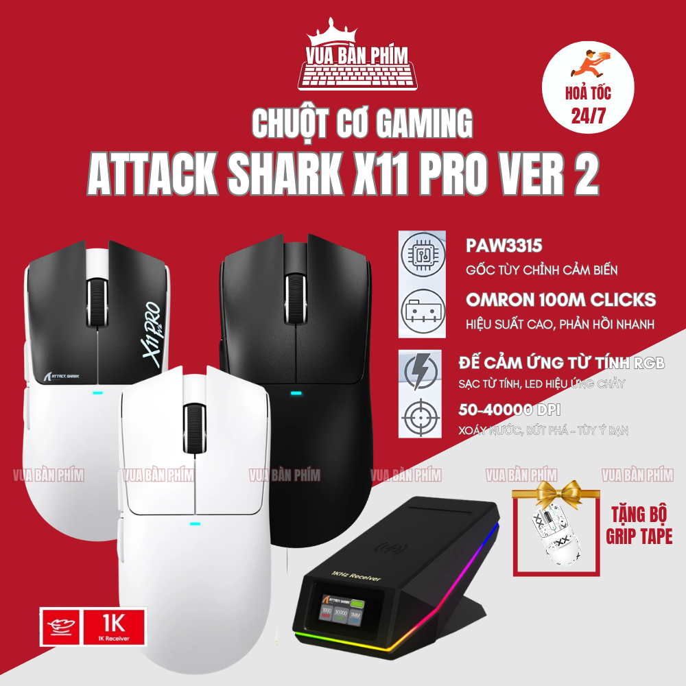 Chuột gaming Attack Shark X11 pro ver 2 không dây  bluetooth,dock sạc , chip Paw 3315 siêu mạnh ,Pol