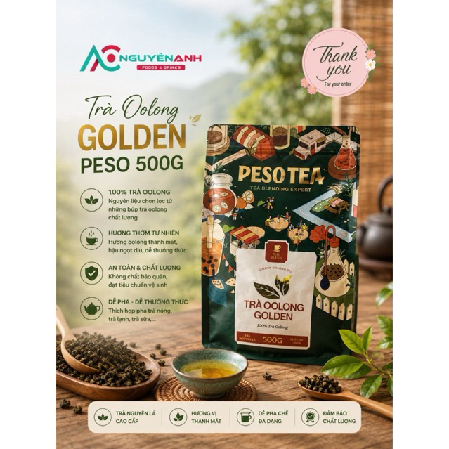 Trà Olong Vàng (Olong Golden Tea) PESO Gói 500g,Trà Thơm Ngon Đậm Vị Cao Cấp