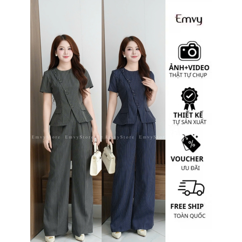 Set Đồ Công Sở Nữ - Áo Peplum Kẻ Sọc Cài Cúc Chéo Phối Quần Suông Ống Rộng Cao Cấp Emvy Fashion S236