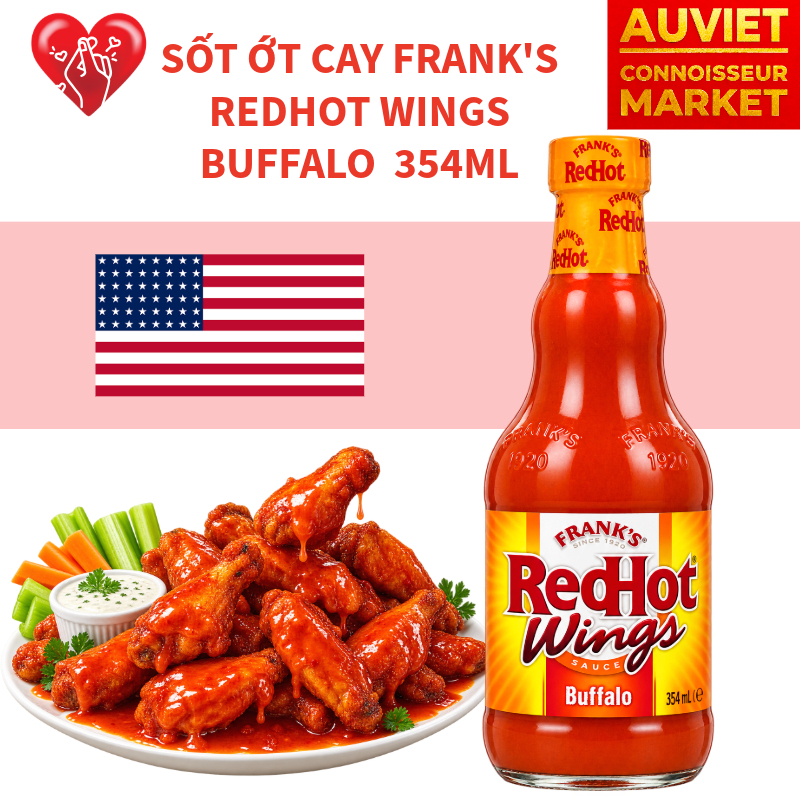 Sốt Ớt Cay Frank's RedHot Wings Buffalo Sauce Mỹ 354ml - Nước Sốt Ướp Chấm Cánh Gà Chiên BBQ Giòn