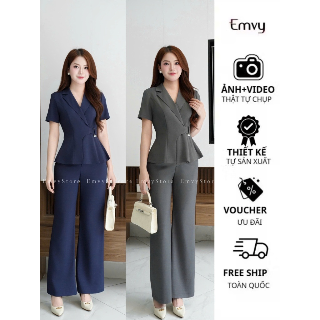 Set Bộ Nữ Công Sở: Áo Peplum Vạt Chéo Tôn Dáng Phối Quần  Ống Rộng Thanh Lịch Emvy Fashion S238