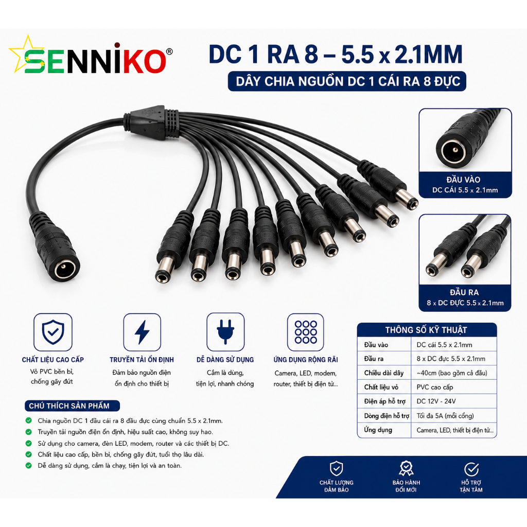 Dây chia nguồn DC 1 ra 2 và 1 ra 8 chân 5.5x2.1mm