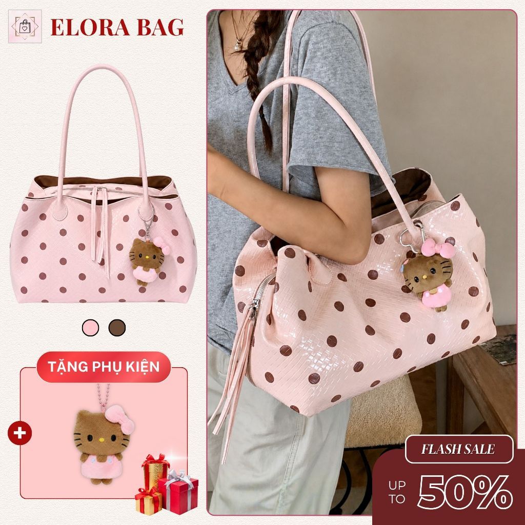 𝐂𝐓𝟎𝟑𝟏 - Túi tote nữ đeo vai chấm bi bản to nhiều ngăn tặng charm hello kitty, túi xách nữ pastel đựng a4 laptop