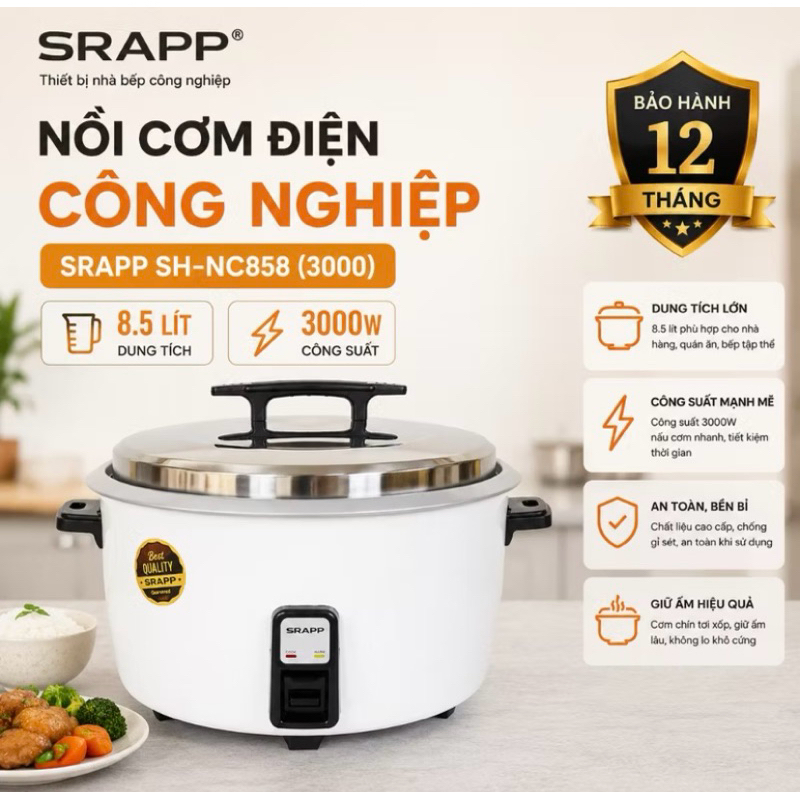 Nồi Cơm Điện Công Nghiệp SRAPP SH-NC858,Dung Tích 8,5L,Công Suất 3000W,Bảo Hành 12 tháng