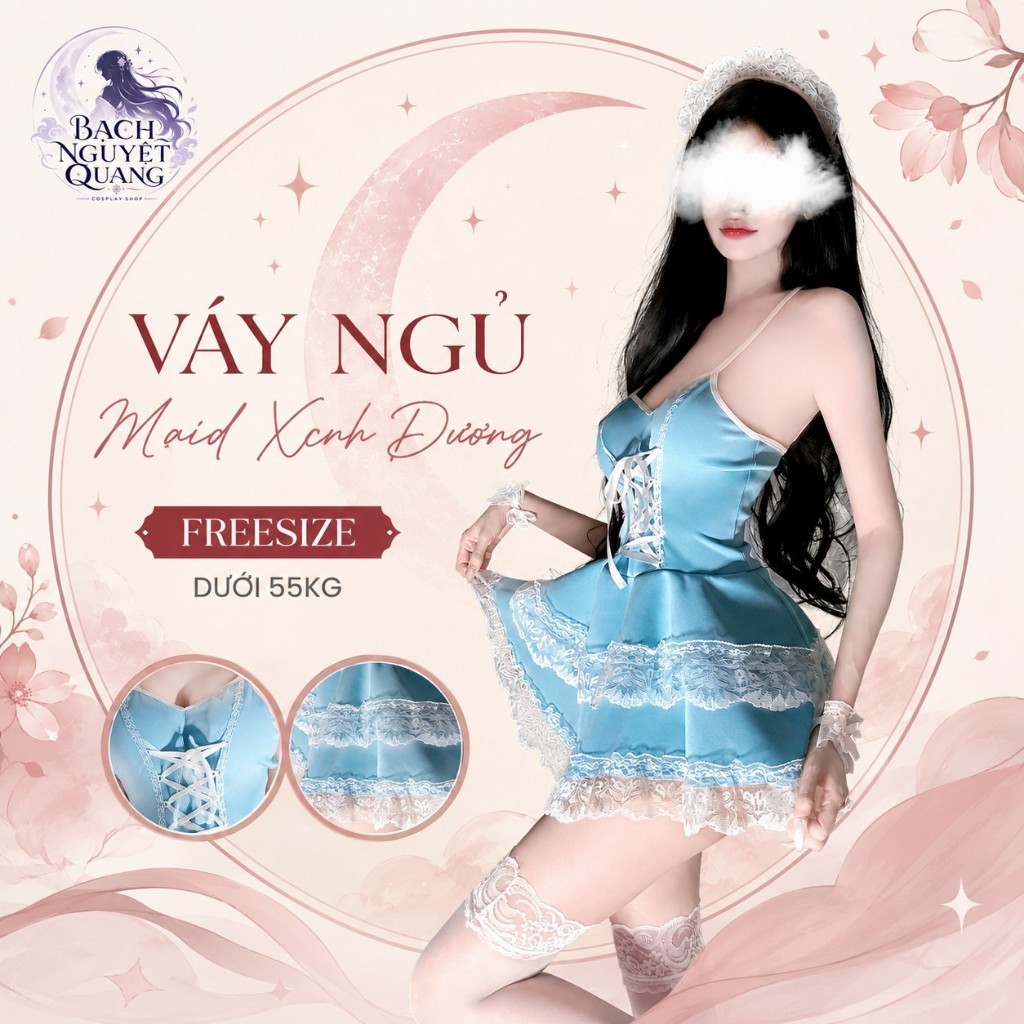 T16- Set Cosplay Maid Xanh Băng Viền Ren -Váy Cosplay Hầu Gái Xanh Pastel -Đầm Maid Xanh Ngọt Ngào P