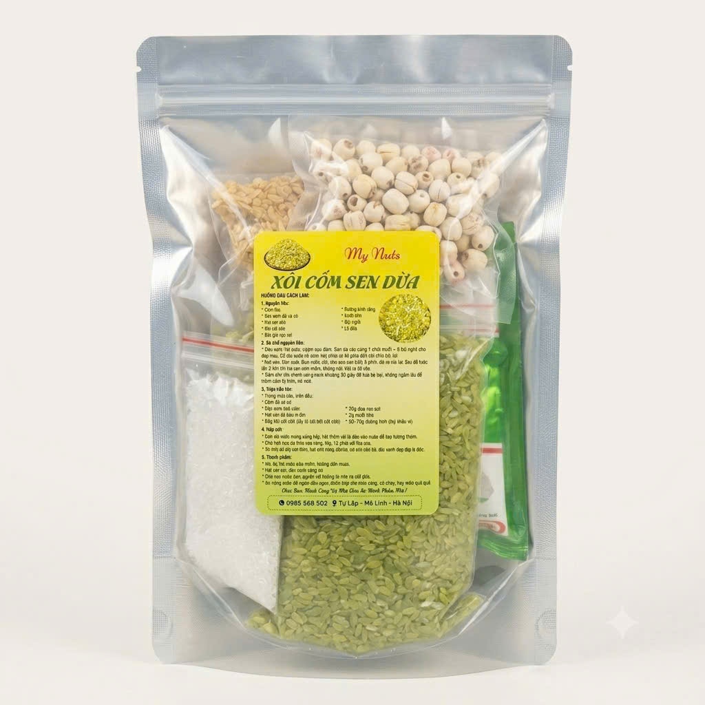 Set làm XÔI CỐM HẠT SEN tại nhà - Cốm Làng Vòng gồm(Cốm khô, Hạt sen khô, Bột cốt dừa,Đường,Dậu xanh