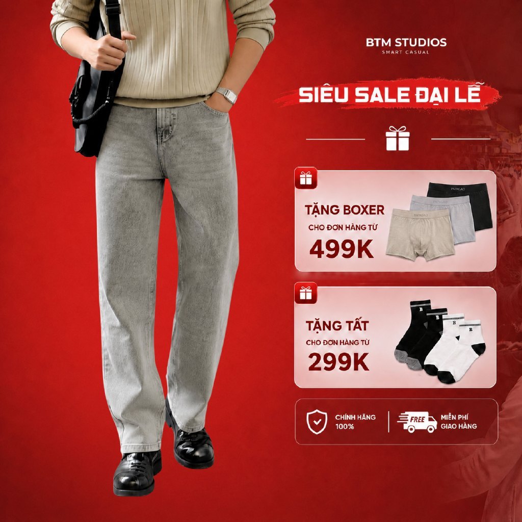 Quần dài jeans nam dáng xuông BTM form straight vải jeans dày dặn đứng form 142