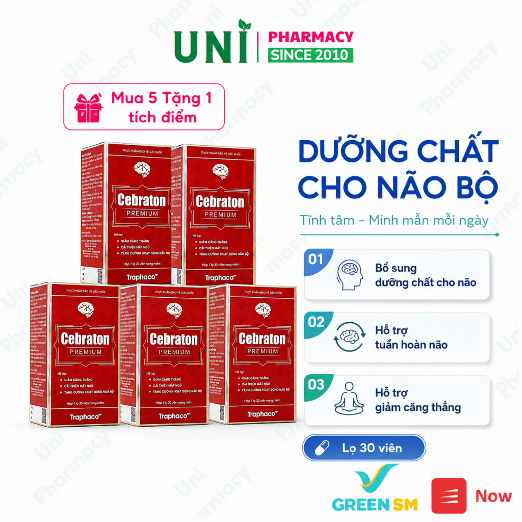 Combo 5 hộp Cebraton Premium Traphaco Bổ Não Giảm Căng Thẳng Đau Đầu Cải Thiện Mất Ngủ Lọ 30v