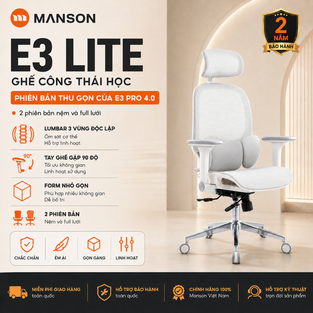 [Manson] Ghế Công Thái Học Manson E3 Lite / 2 phiên bản nệm và full lưới / BẢO HÀNH 2 NĂM